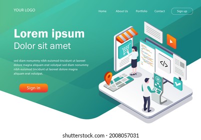 Flat concept isometric illustration. create online shopping applications and maps