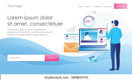 Flat concept isometric illustration. a customer service is serving 24 hours