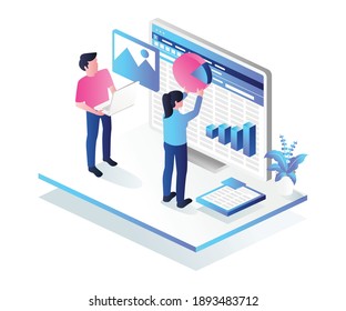 Ilustración isométrica de concepto plano. analista de datos y microsoft excel