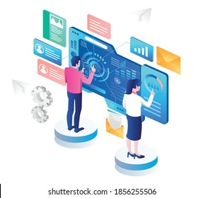 Flat Concept Of Isometric Illustration, Digital Transformation And Data Analyst