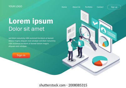 Flat concept isometric illustration. discussion on business data analysis