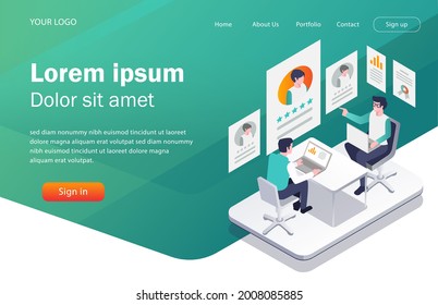 Flat concept isometric illustration. discussion about new candidates