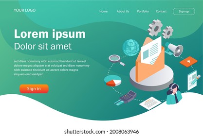 Flat concept isometric illustration. email marketing and social media strategy