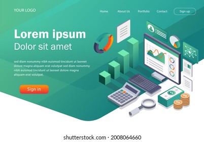 Flat Concept Isometric Illustration. Financial Analysis Of Investment