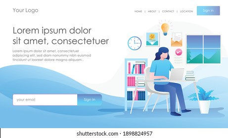 Flat concept isometric illustration. a girl working or studying in a room with a laptop