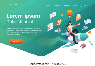 Flat concept isometric illustration. girl riding a rocket going to school