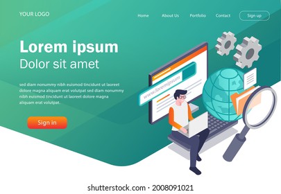 Flat concept isometric illustration. information search and seo optimization