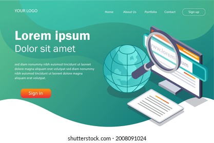 Ilustración isométrica de concepto plano. búsqueda de información y optimización de seo