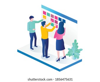 Flat concept isometric illustration, installing scrum board for work plan