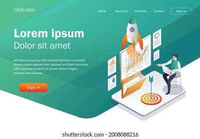 Flat concept isometric illustration. launch a rocket from a computer