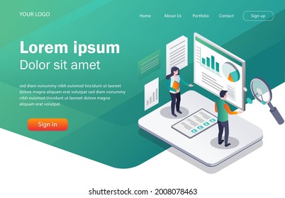 Flat concept isometric illustration. a leader analyzes the business to grow