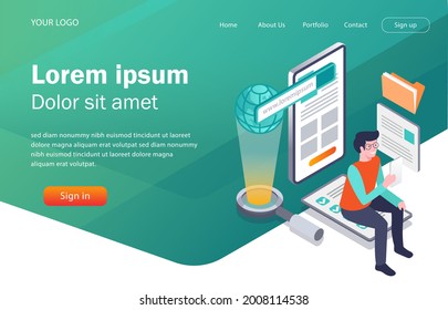 Flat concept isometric illustration. looking for a lot of information on the smartphone