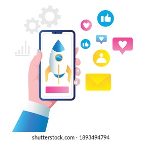 Ilustración isométrica de concepto plano. cohetes en smartphones con marketing en medios sociales