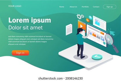 Flat concept isometric illustration. are selecting and looking for the best image information