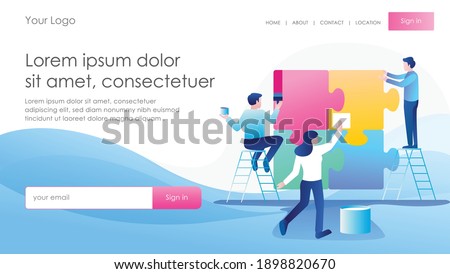 Flat concept isometric illustration. several people are building and maintaining the puzle