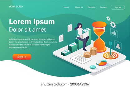 Flat concept isometric illustration. sitting on a pile of money with an hourglass