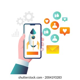 
Flat concept isometric illustration. smartphone social application digital marketing strategy