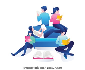 Flat concept isometric illustration, some students are reading books and studying