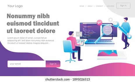 Flat concept isometric illustration, someone is typing the programming language
