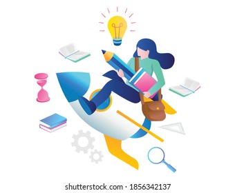 Flat concept isometric illustration, a student flying with a rocket