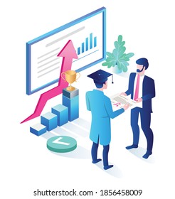 Flat concept isometric illustration, students are graduating and get a certificate