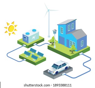 Flat concept isometric illustration. take electrical energy from solar panels