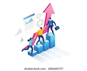 Flat concept isometric illustration, the team works together