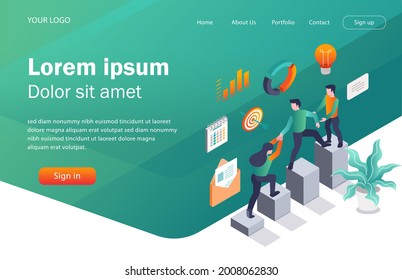 Flat concept isometric illustration. team work hand in hand to develop business