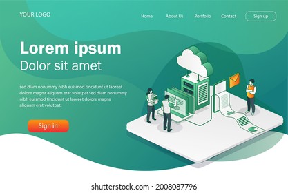 Flat concept isometric illustration. upload and download data from server