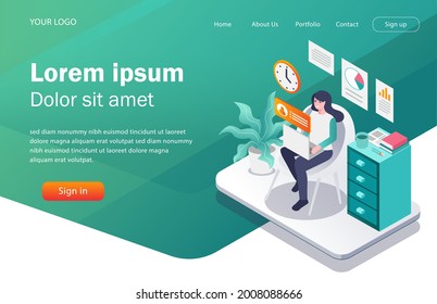 Flat concept isometric illustration. women working from home