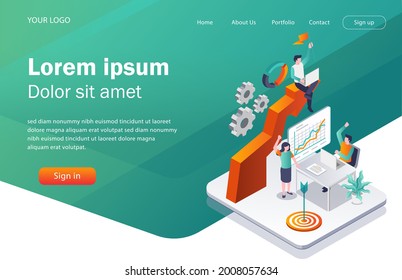 Flat concept isometric illustration. the work team is happy because of success
