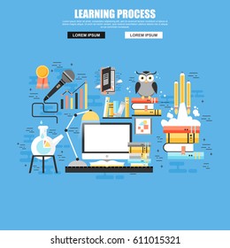 Flat concept of learning and brain process, creativity, innovation, learn to think, education, knowledge, back to school. Modern vector illustration for web design, marketing and print material.