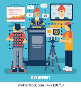 Flat concept of live report, hands of journalists with microphones and tape recorders. Best solution for graphic designers. Vector illustration.