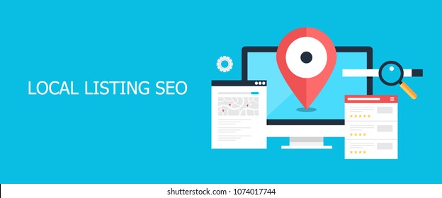 Flat Concept Of Local Listing SEO, Local Maps, Business Address Vector Banner With Icons