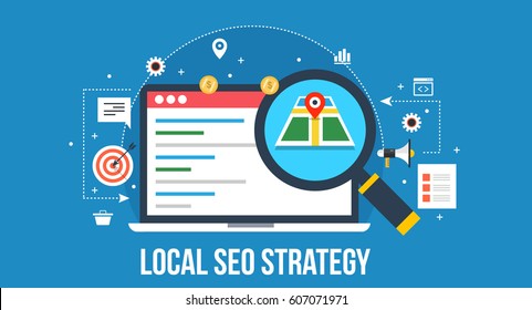 Flat Concept Of Local SEO Strategy, Optimization Of Local Search Results, With Icons On Blue Background