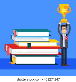 Flat concept, man wins scientific tests and holds a golden cup in her hand near stack of big books. Conducting research. The best businessman.