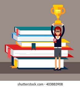 Flat concept, man wins scientific tests and holds a golden cup in her hand near stack of big books. Conducting research. The best business woman.