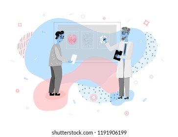 Flat concept of medical brain diagnostic. Vector banner with doctor and patient with decoration.