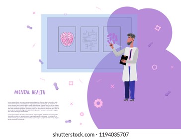 Flat concept of medical brain diagnostic. Vector banner with doctor.