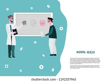 Flat concept of mental health. Vector banner with doctor and patient with medical diagnostics results.