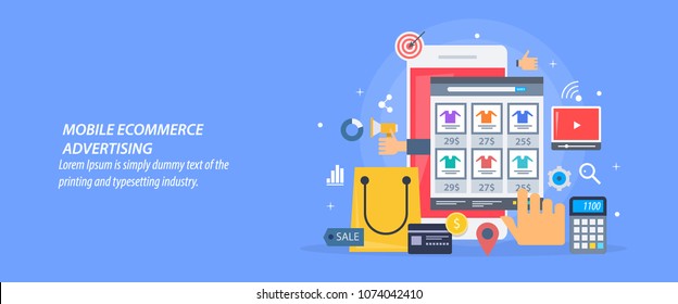 Flat concept of Mobile e-commerce advertising, mobile ads flat vector banner