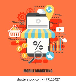 Flat concept of mobile marketing. Can be used for poster, banner, flyer, journal, magazine, web design. Best solution for graphic designers. Vector illustration.