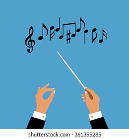 Flat Concept Of Music Orchestra Or Chorus Conductor. Vector Illustration For Musical Design