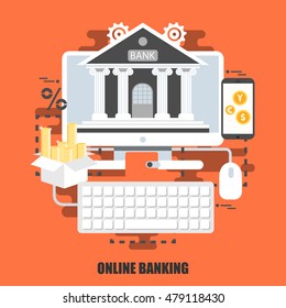 Flat concept of online banking. Can be used for business process, e-commerce, e-banking, internet resource, web design. Best solution for graphic designers. Vector illustration.