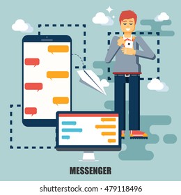 Flat concept of online messaging mobile app, hands holding touch phones with message im chat dialogue application. Best solution for graphic designers. Vector illustration.