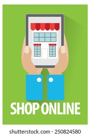 flat concept of online shopping on tablet with shadow vector