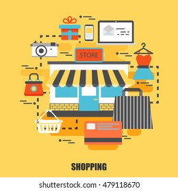 Flat concept of online shopping, store. Can bee used for poster, banner, magazine, web design. Best solution for graphic designers. Vector illustration.