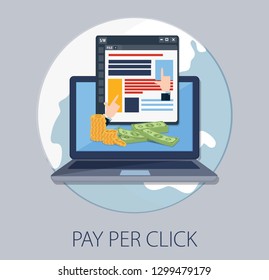 Flat concept for pay per click advertising, sponsored listing, paid search marketing vector banner with icons isolated