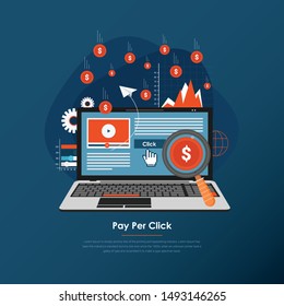 Concepto plano para publicidad de pago por clic, listado patrocinado, banner vectorial de búsqueda pagada con iconos aislados en fondo azul