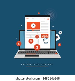 Flat concept for pay per click advertising, sponsored listing, paid search marketing vector banner with icons isolated on blue background